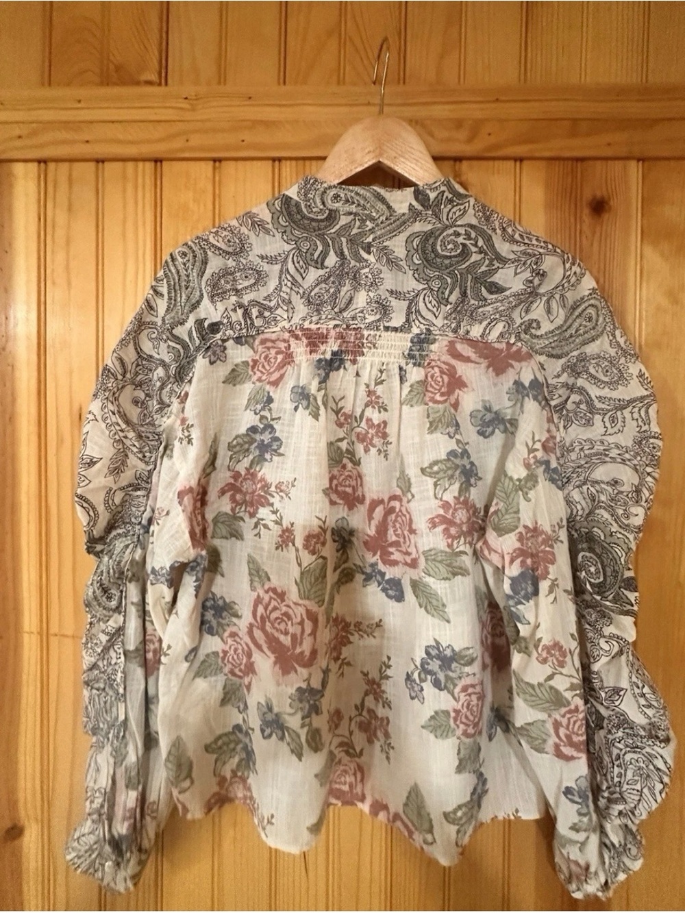 Free People Maraya floral button up cotton shirt puff sleeves beige XS - Picture 3 of 13